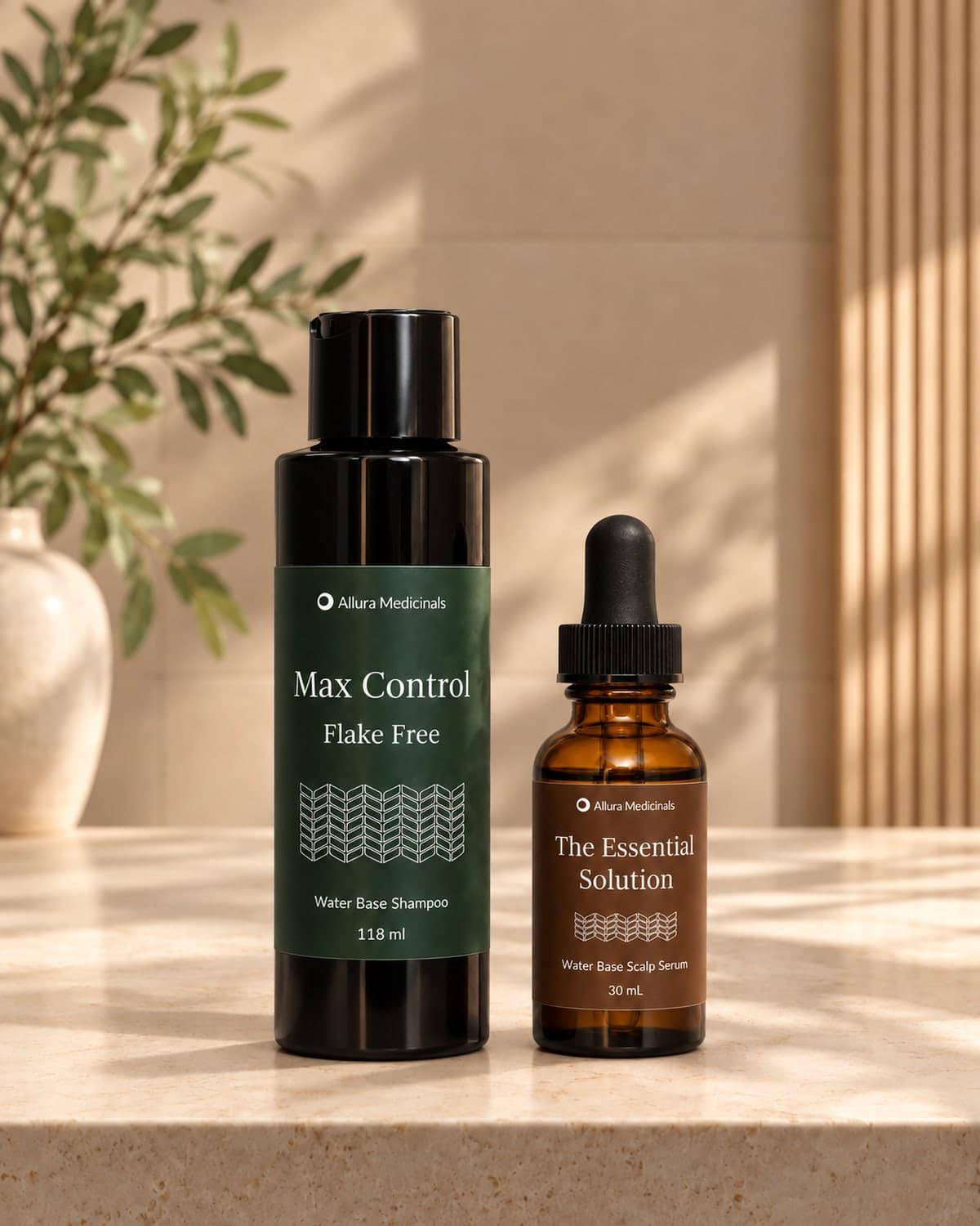 Max Control shampoo and The Essential Solution serum on a marble bathroom counter